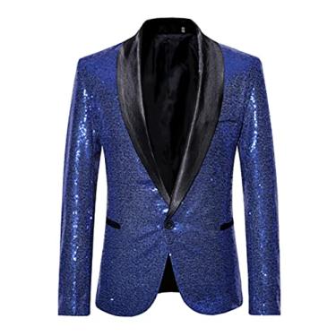 Imagem de Blazer Slim-Fit Lantejoulas Glitter Terno Jaqueta Masculina Boate Baile Casaco de Formatura Roupas de Palco Para Cantores Um Botão Tops de Festa de Casamento, Azul, M (Busto: 106cm)