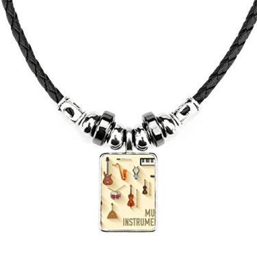 Imagem de DIYthinker Colar com padrão de combinação de instrumentos musicais, joias, torque, pingente de corda de couro