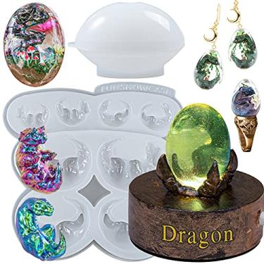 Imagem de FUNSHOWCASE Moldes de silicone de resina epóxi de embrião de ovo de dinossauro Tiranossauro Rex Tricerátopos Pacote com 2 bandejas para decoração de bolos, concreto, cimento, argila de polímero