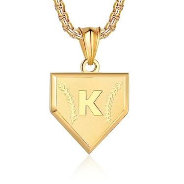 Imagem de Colar com inicial A-Z para meninos, aço inoxidável, com pingente de escudo de letras, corrente de 52 + 5 cm inspiradora de beisebol, joia de presente para homens, Ouro, Sem Pedra Preciosa
