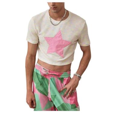 Imagem de Floerns Camiseta masculina de manga curta bordada com estampa de estrela, Bege, M