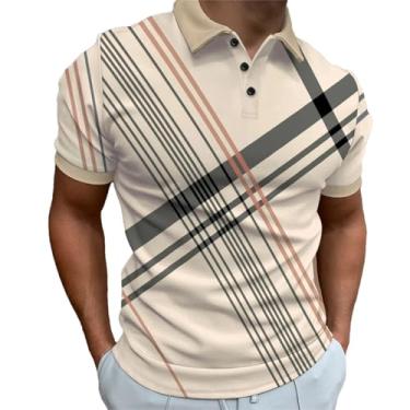 Imagem de Camiseta masculina casual verão manga curta lapela impressão digital High Street camiseta masculina, Caqui, PP