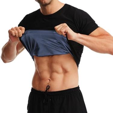 Imagem de Donason Camisa masculina de sauna, roupa de treino de cintura para homens, colete de compressão, modelador corporal, roupas de treino, manga curta, Interior preto e azul, Large/X-Large