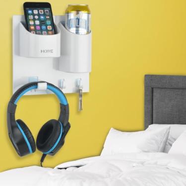 Imagem de Drink Beer Can Fone de ouvido 3 em 1 suporte montado na parede | adesivo adesivo adesivo | design de orifício de drenagem de 3 ganchos, organizador de celular de fone de ouvido | RV de jogos, barco, quarto, escritório