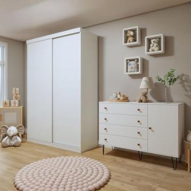 Imagem de Quarto Infantil Guarda-Roupa 2 Porta de Correr 2 Gavetas Elara com Cômoda 1 Porta 4 Gavetas Aurora Branco