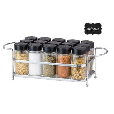 Imagem de Porta Tempero Condimento 15 Potes Vidro Tampa Dosadora Suporte Cromado