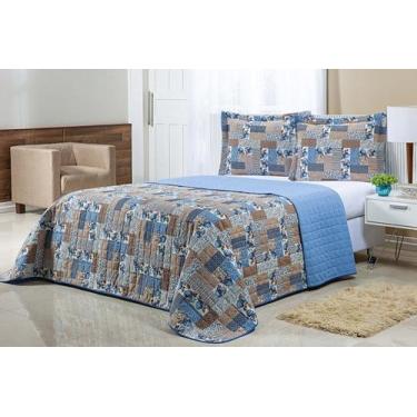 Imagem de Cobre Leito Viúva 3 Peças Dupla Face 180 Fios Patchwork Azul - MTR ENX