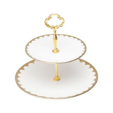Imagem de Prato duplo 27 cm para doces de porcelana branca com suporte de metal 