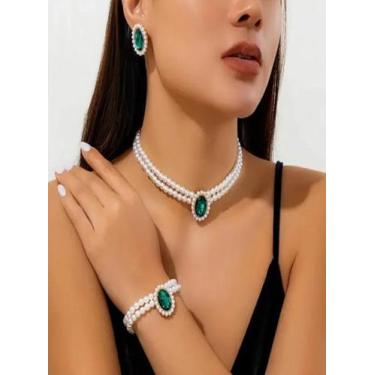 Imagem de Cordão + par de Brincos + Pulseira Pérolas - Banhado a Ouro - ToJoia18