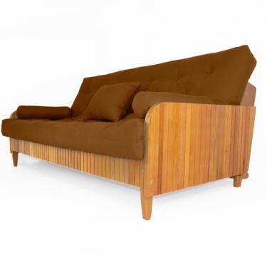 Imagem de Sofá Cama Paris Ripado Sarja Caramelo Madeira Nobre - R9 Design Futon