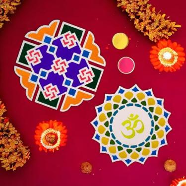 Imagem de Satvik 2 peças de design diferente, portátil, MDF, Rangoli, base de madeira, 30,5 cm, estêncil Rangoli, palete para decoração de diwali, decoração de Pooja, tapete de Rangoli MDF reutilizável com base