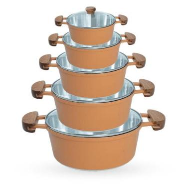 Imagem de Jogo de Panelas 5 Peças De Alumínio Fundido Com Alça De Madeira e Tamp