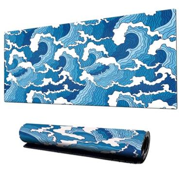 Imagem de Mouse Pad Gamer Speed Extra Grande Profissional 90x40 x3mm Bordas Costuradas e Base Emborrachada e Antiderrapante Onda Japonesa Premium (Azul)