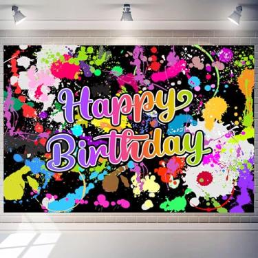 Imagem de Pano de fundo neon feliz aniversário 3 x 2,4 m poliéster colorido grafite pintura salpicos decorações de aniversário faixa que brilha no fundo escuro suprimentos de festa adereços de fotografia
