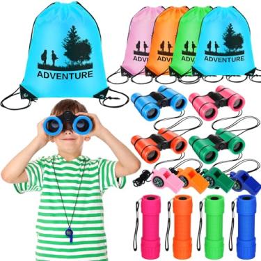 Imagem de Gejoy Kit explorador de 16 peças, conjunto de explorador ao ar livre com bolsa de cordão, binóculos, apitos de emergência com bússola e lanterna para brincadeiras educativas, acampamento, caminhada