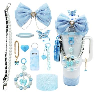 Imagem de Conjunto de acessórios de copo Bling Stanley para copo de 1,134 g e 850 g, incluindo topo de canudo de laço, decoração de arco de palha, alça de alça de garrafa de água de pérola, bota de silicone