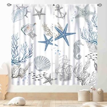 Imagem de Cortinas costeiras, estrela do mar verde náutica, coral, cavalo-marinho, concha, tema de praia, tropical, verão, janela, cortina, tratamentos para quarto, sala de estar, cozinha, banheiro, 2 painéis