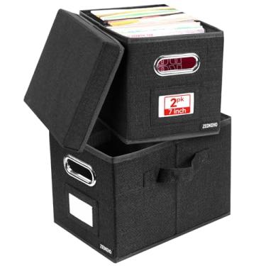 Imagem de Conjunto de 2 caixas de armazenamento de discos de vinil de 17,78 cm - Armazenamento de álbum comporta mais de 120 discos individuais, caixa organizadora decorativa de LP com tampa, caixas de