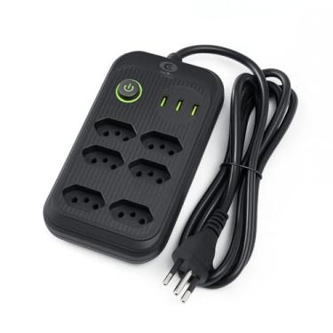 Imagem de Extensão Tomada, Régua Tomada, Régua de Energia, 6 Tomadas, 2 portas USB e 1 Porta USB Tipo-C, Cabo de Alimentação reforçado de 2 metros, BIVOLT, Potência de 2500W (Preto) 10A
