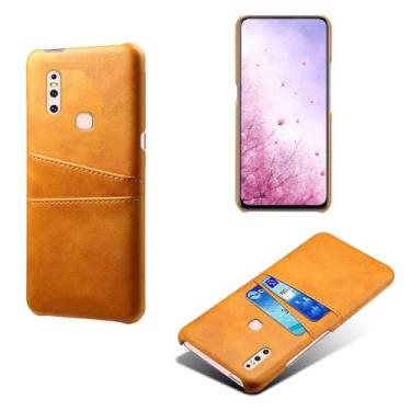 Imagem de Capas Compatível com VIVO V15,Caso de couro PU-Tampa de telefone a prova de choque com 2 slots de cartão,Proteção anti-impressão digital e anti-gota-Yellow
