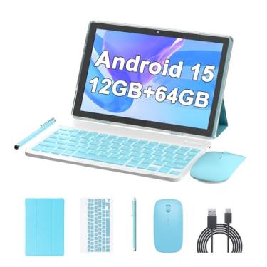 Imagem de Tablet de 10 polegadas Android 15 (não vai), tablets 2 em 1 com teclado 12 GB de RAM + 64 GB de ROM (suporta expansão de 1 TB) Tableta 2 MP + câmera de 8 MP 6000 mAh, mouse/capa/Stylus 5G Wifi-6