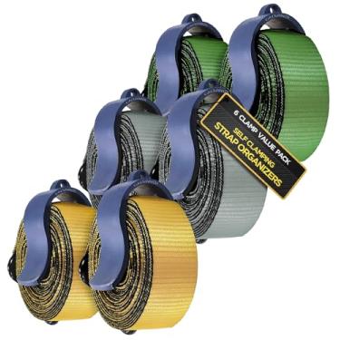 Imagem de Braçadeiras organizadoras de armazenamento com alça catraca [pacote com 6] Suporte universal para tiras de 2,5 cm e 3,8 cm - Grampos J resistentes de grau industrial com presilhas de gancho (azul)