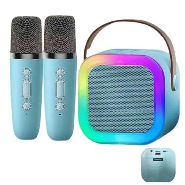 Imagem de Caixinha de Som Bluetooth Portátil com 2 Microfones Sem Fio, Karaokê, LED e Alça e Muita Diversão – Bateria Recarregável (Azul)