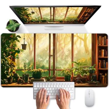 Imagem de Lalumix Tapete de mesa aconchegante, parapeito de janela ensolarado, plantas verdes, tapete de mouse grande, grande, para jogos, impermeável, trabalho, casa, escritório, mesa, teclado de computador