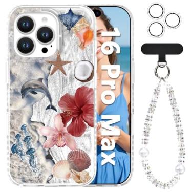 Imagem de Tcaraersing Capa com glitter para iPhone 16 Pro Max com alça de pulso e capa de lente, linda capa de telefone estética de golfinho estrela do mar água-viva desenho animado oceano costeiro para meninas