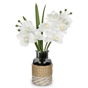Imagem de Flores artificiais de orquídeas brancas com vaso, arranjo de orquídeas falsas pequenas flores falsas em vaso de vidro tecido preto e branco, peças centrais brancas pequenas para cozinha, sala de