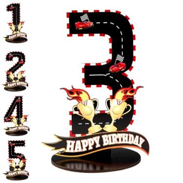 Imagem de Logotipo Número Aniversário Carro Corrida, Peça Central Madeira Tema Raça com Padrões Pista Corrida e Troféus para Decoração Festas Aniversário Acessórios para Fotos(Número 3)