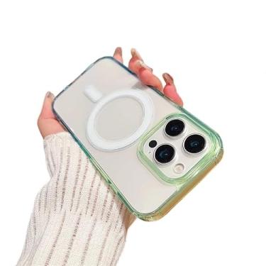 Imagem de Capa magnética transparente à prova de choque gradiente de cor contrastante para iPhone, compatível com carregamento sem fio MagSafe (verde azul, iPhone 16e)