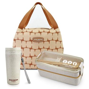 Imagem de Conjunto Bolsa Térmica Com Copo Com Tampa 300ml E Pote Marmita Ecológica De 2 Andares 750ml Bege