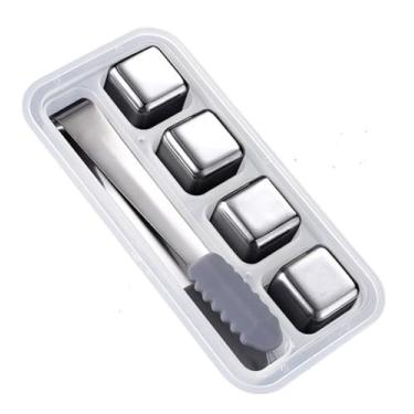 Imagem de Kit 04 Cubos Gelo Aço Inox Metal Com Pegador Whisky Drinks