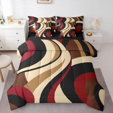 Imagem de Conjunto de edredom queen em espiral marrom vermelho moderno, listrado, abstrato, para minimalistas, boêmio, geométrico, geométrico, conjunto de cama de 7 peças, linhas de arte graffiti, conjunto de