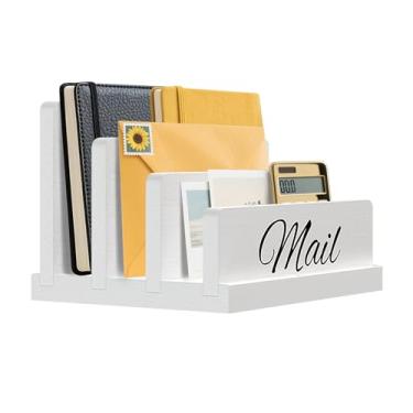 Imagem de KISENG Organizador de correio para mesa, suporte de correio de madeira com divisória, suporte de arquivo classificador de cartas de 3 compartimentos, organizador de notas vertical para documentos