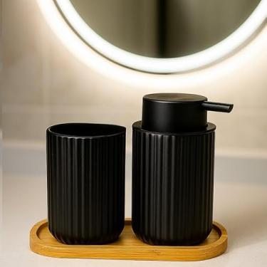 Imagem de Kit Banheiro Cerâmica 2 Peças - Porta Sabonete Líquido e Porta Escova para Decoração Lavabo(LUNOR PRETO)