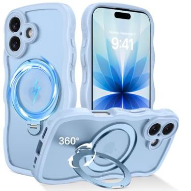 Imagem de GUAGUA Capa para iPhone 17 com suporte magnético giratório 360 [compatível com Magsafe] [proteção de nível militar] à prova de choque fofa onda fosca para iPhone 17 de 6,3 polegadas, azul