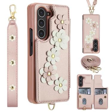 Imagem de Capa carteira de couro para Samsung Galaxy Z Fold5 com 4 compartimentos para cartão, fecho magnético, suporte, design floral, alça de pulso/transversal - TPU macio e proteção elevada (rosa)