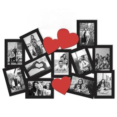 Imagem de Quadro Porta-Retrato Para Parede | Mosaico De Fotos Da FamíLia Em | 11 Fotos 10x15cm | DecoraçãO Residencial(Com Vidro,Preto C/Corações Vermelhos)