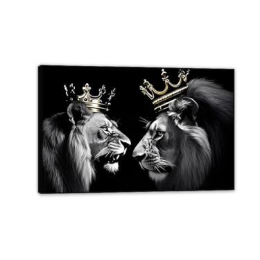 Imagem de O Rei Leão e a Rainha com Coroa Arte de Parede de Animais Selvagens Africanos Imagens Coroa Dourada Leão Impressões Preto e Branco Arte para Sala de Estar Quarto Decoração de Parede 60 x 40 cm Moldura