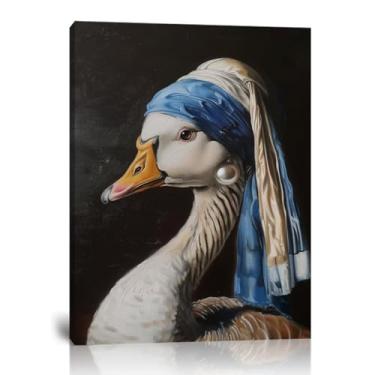 Imagem de Pôster de pato engraçado pintura famosa Mona Lisa arte de parede em tela para banheiro, sala de estar, decoração de parede animal, brinco de pérola, pintura de pato, arte impressa emoldurada pronta