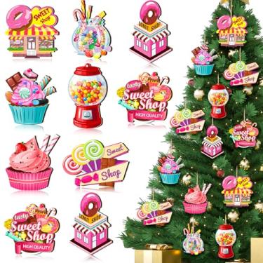 Imagem de 24 peças de bolo de doces de madeira de Natal, enfeites coloridos de bengala de doces de Natal com corda para decoração de casa, decoração de casa, suprimentos de decoração de festa