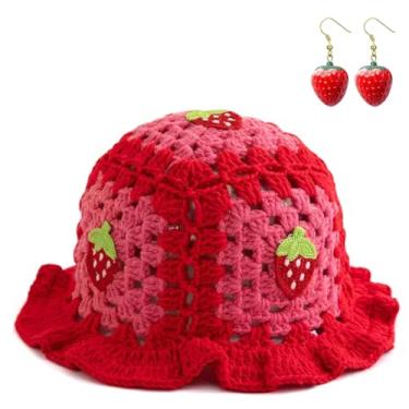 Imagem de Chapéu de morango de crochê para mulheres com brincos, chapéu floral feito à mão, lindos chapéus de malha dobráveis, Morango com brincos - A, tamanho �nico