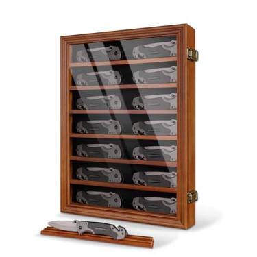 Imagem de SimProWoodo Vitrine de facas de 7 fileiras para parede, suporte dobrável de madeira, com vidro temperado HD e prateleiras removíveis, organizador de facas militares para coleções - nogueira