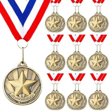 Imagem de Quelay 20 medalhas de estrela de 5 cm com fitas de pescoço, medalhas de vencedor, prêmios, troféus de metal a granel, presente para competições de adultos, torneios de educação escolar, lembrancinha