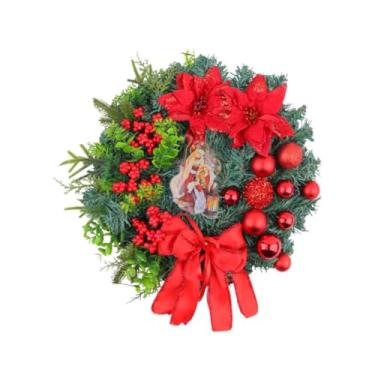 Imagem de IEUDNS Guirlanda de Natal para porta com laço de frutas vermelhas, guirlanda de bola de Natal, decoração de Natal para porta da frente, arranjos de feriados, Vermelho 30cmx30cmx8cm
