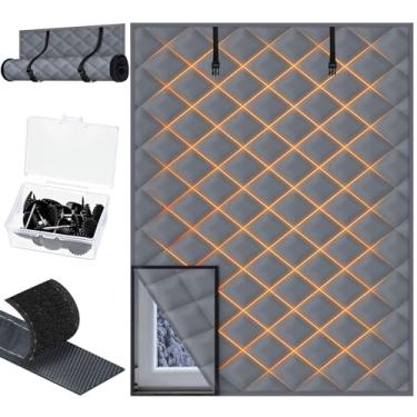 Imagem de Fanfanwin 2 peças de isolamento térmico de janela de 163 x 99 polegadas para inverno, cortina de isolamento de inverno com fixador, tiras de laço de algodão Oxford para manter o calor (cinza escuro)