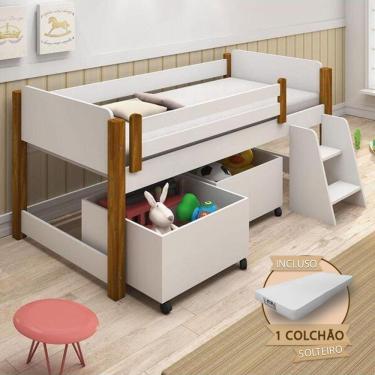 Imagem de Cama Naty Solteira Design Infantil Com Nichos E Colchão Divaloto - Branco/Amêndoa - Branco