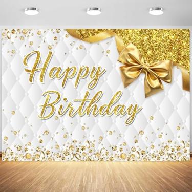 Imagem de 2,1 x 1,5 m, pano de fundo de feliz aniversário, dourado e branco, decorações de festa de aniversário para meninas, mulheres, diamantes, moderno, luxuoso, elegante, banner, banner, suprimentos para
